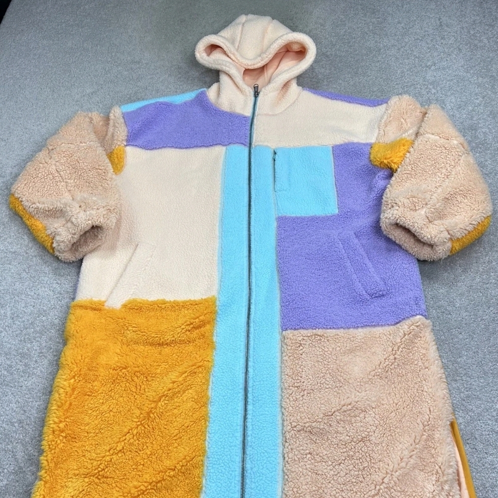 Free People Long Coat Large Sherpa Fleece Colorblock Full Zip Hooded